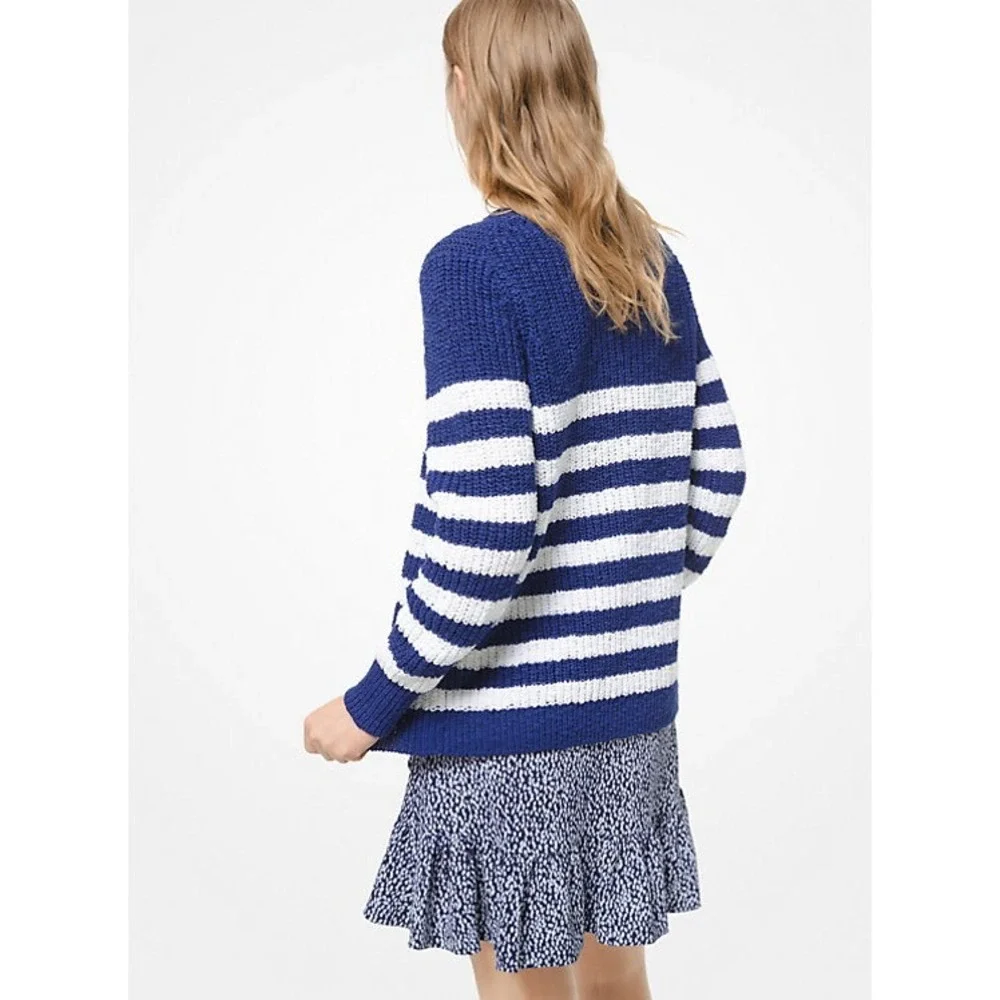 Michael Kors Blue White Striped Knit Crew Neck Sweater Size M‎ NWT